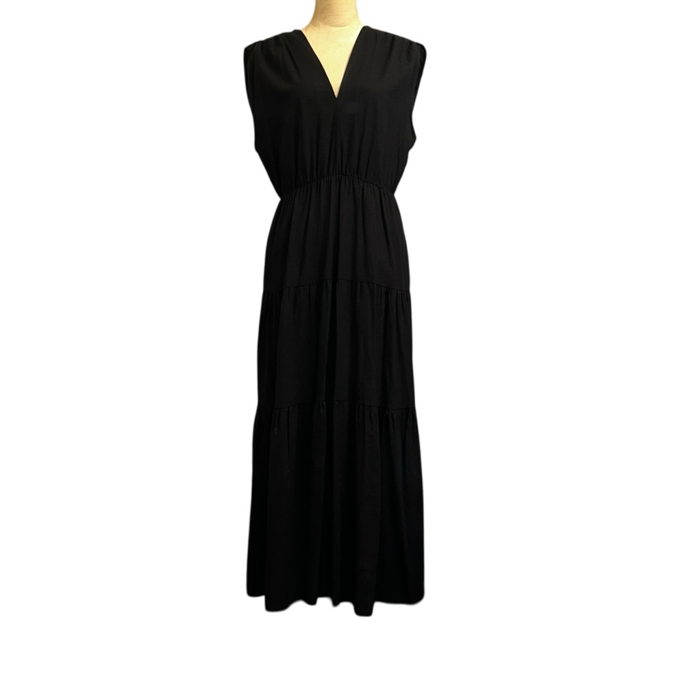 Linen Blend Sleeveless V-Neck Tiered Maxi Dress Navy Blue XL Flowy Summer